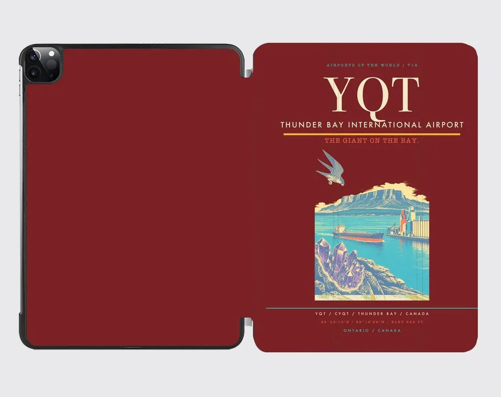 Thunder Bay International Airport (YQT) design on dark red ipad tablet case