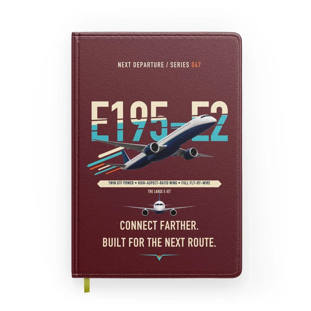 Embraer E195-E2 design on dark red notebook