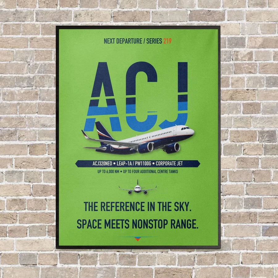 Airbus ACJ320neo vertical canvas print - framed - light green background