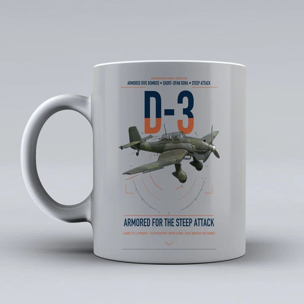 Junkers Ju 87D-3 design on light gray ceramic mug, double-side print