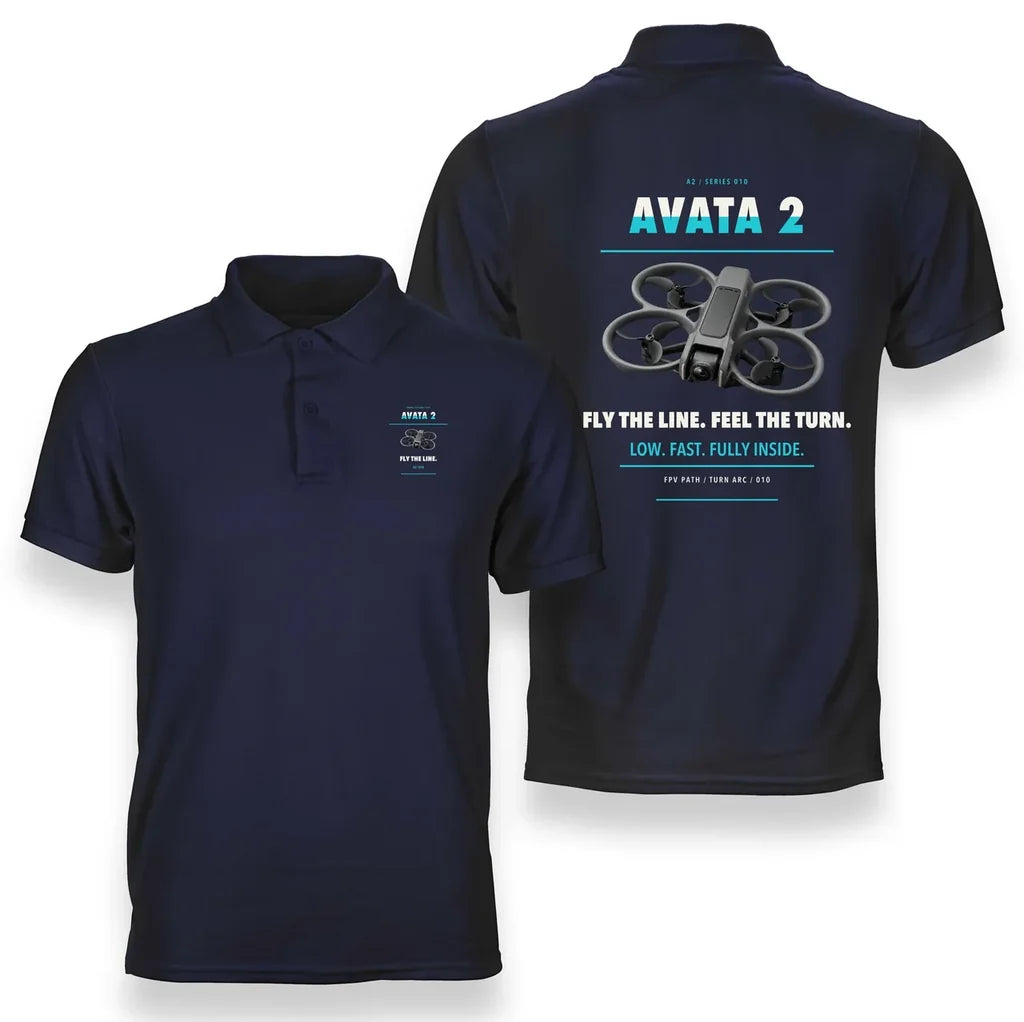 DJI Avata 2 design on navy blue polo