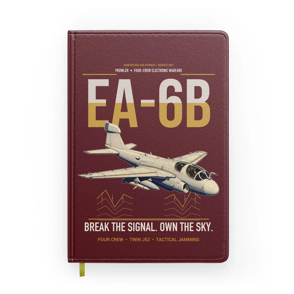 EA-6B Prowler design on dark red notebook