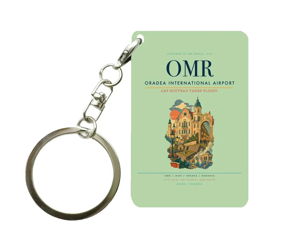 Oradea International Airport (OMR) design on light green key chain