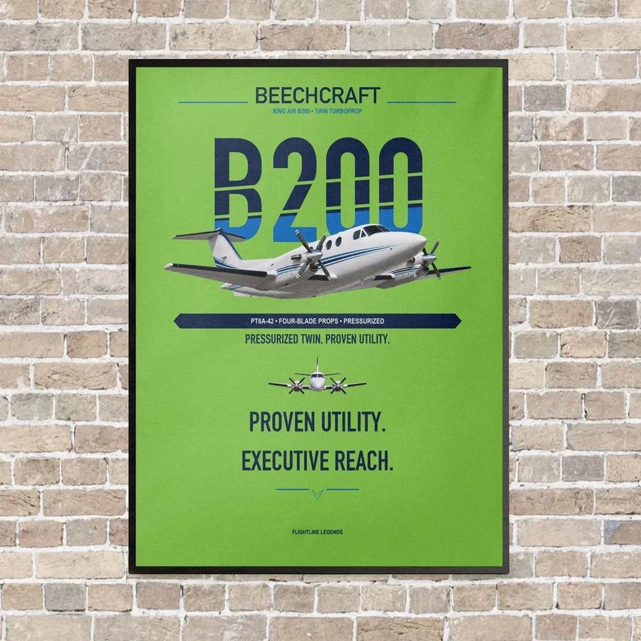Beechcraft King Air B200 vertical canvas print - framed - light green background