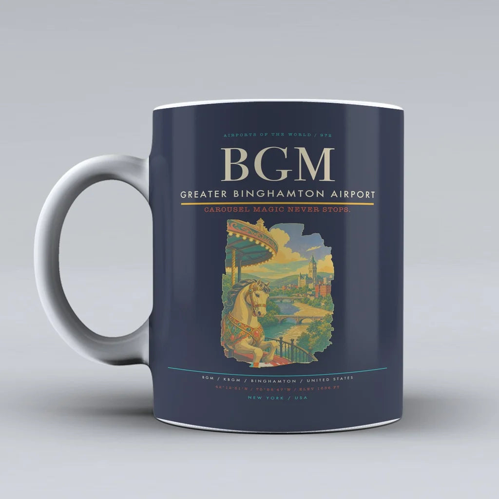 Greater Binghamton Airport (BGM) airport code design on dark blue ceramic mug