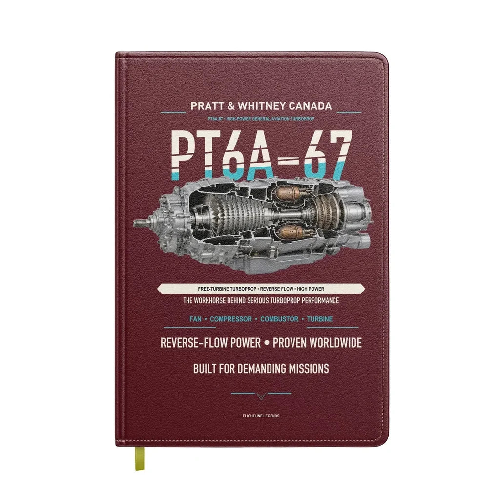 PT6A-67 design on dark red notebook