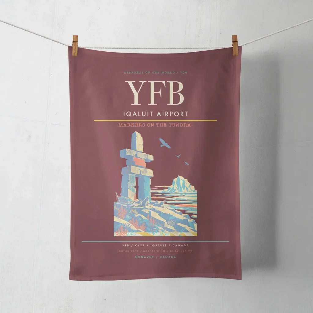 Iqaluit Airport (YFB) design on dark red towel