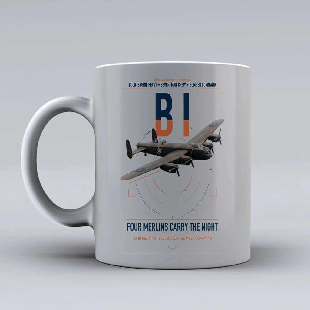Avro Lancaster B I design on light gray ceramic mug, double-side print