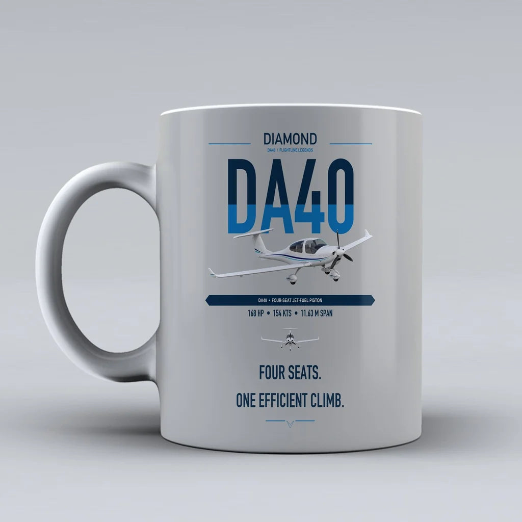 Diamond DA40 design on light gray ceramic mug, double-side print