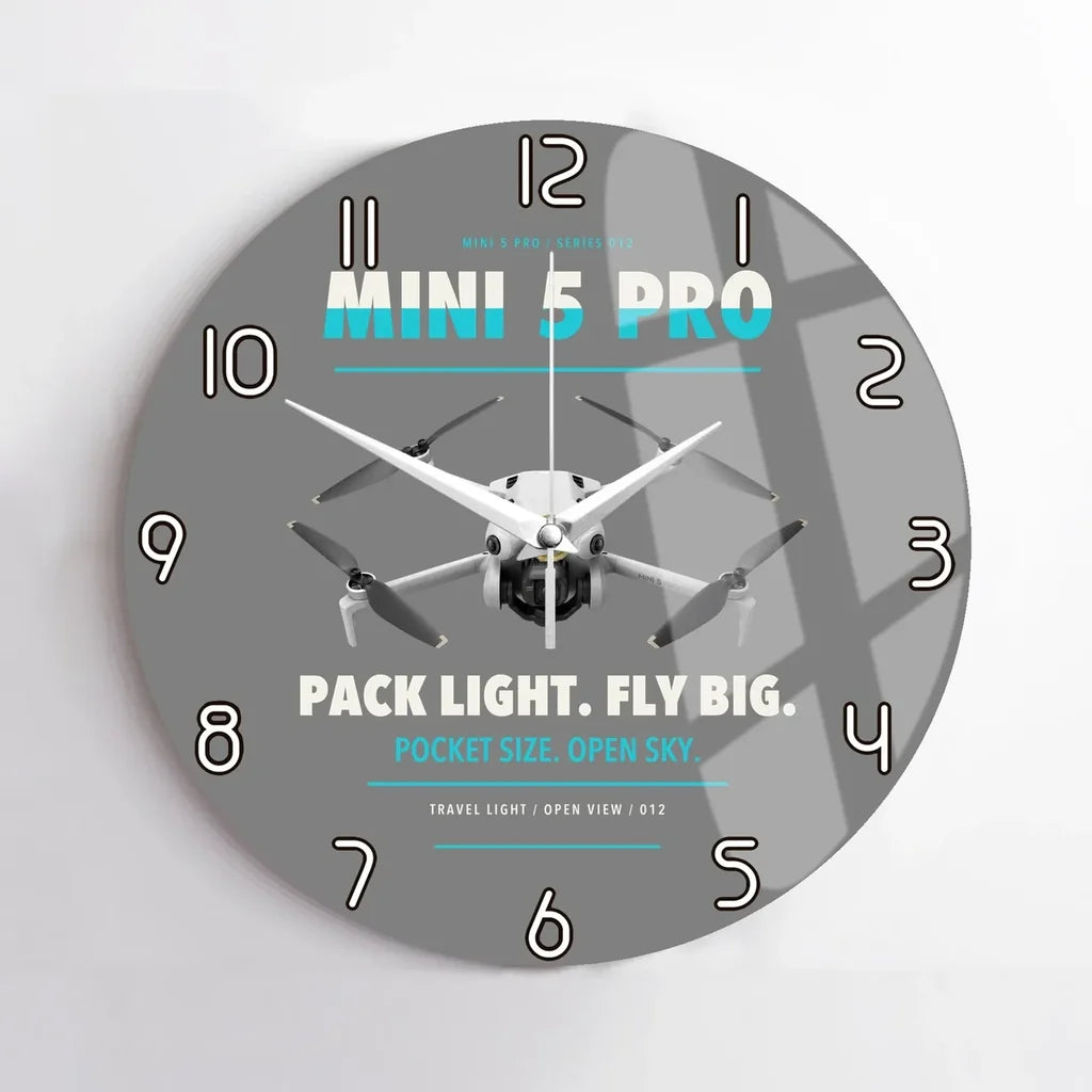 DJI Mini 5 Pro design on gray no frame wall clock