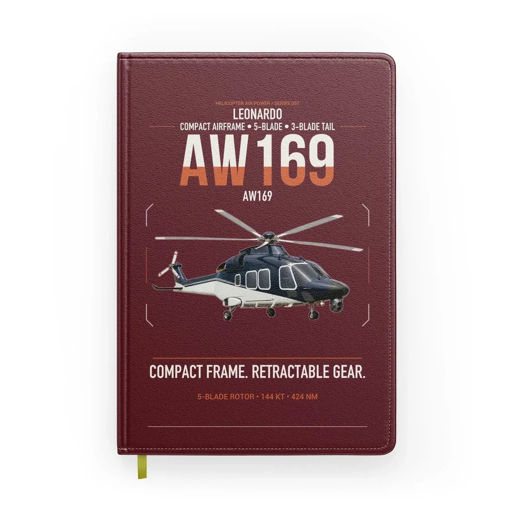 Leonardo AW169 design on dark red notebook