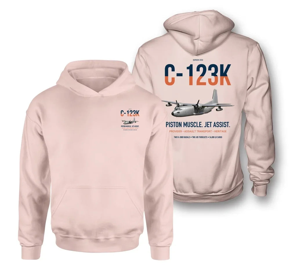 C-123K Provider design on pink double-side hoodie, double-side print
