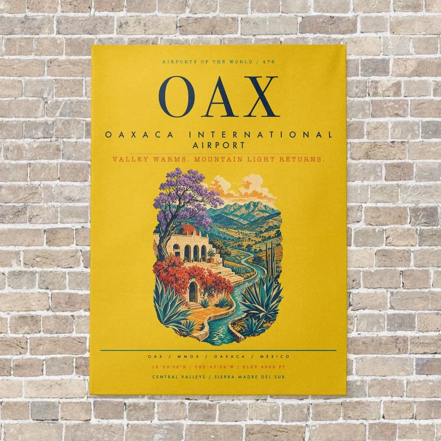 Oaxaca International Airport OAX vertical canvas print - no frame - yellow background