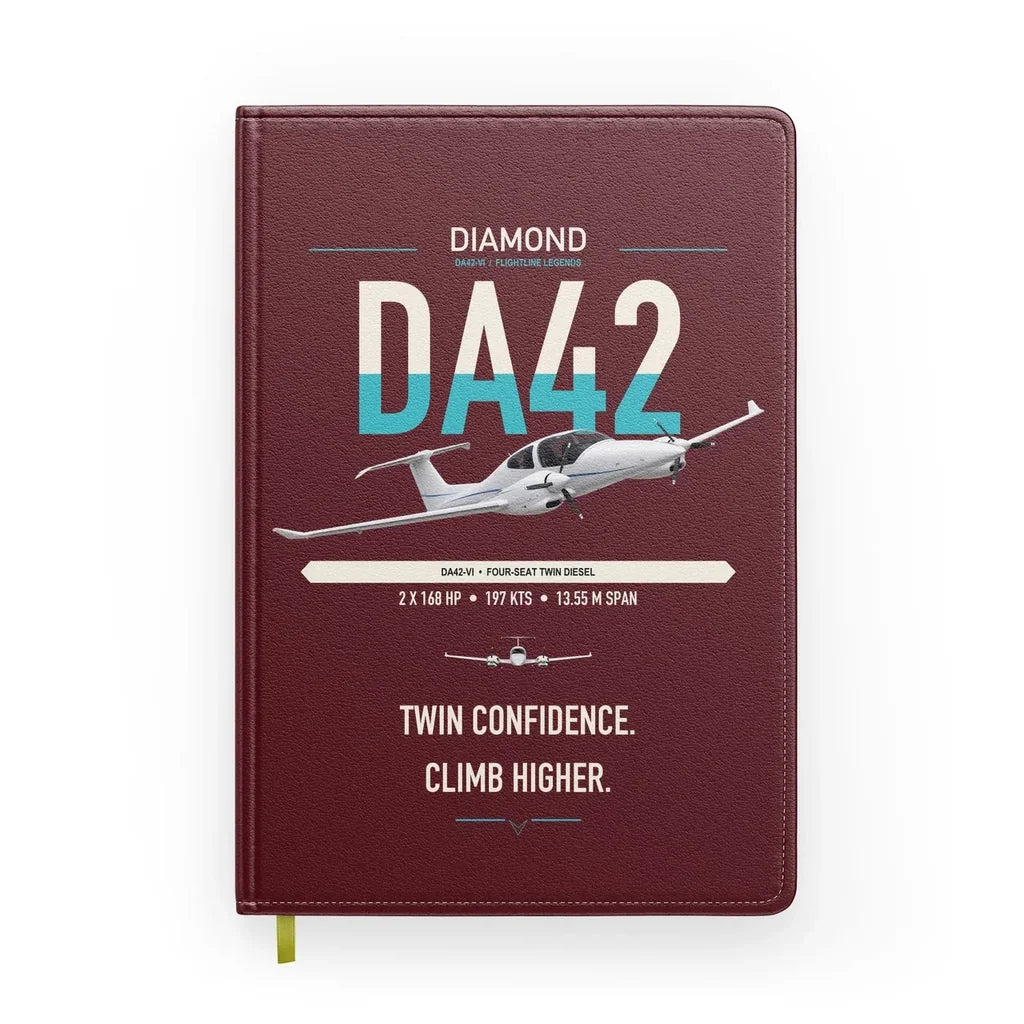 Diamond DA42-VI design on dark red notebook