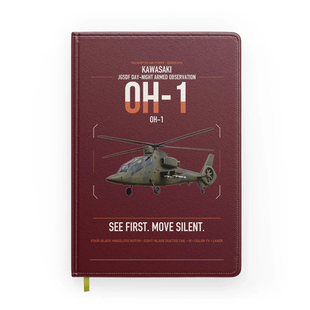 Kawasaki OH-1 design on dark red notebook