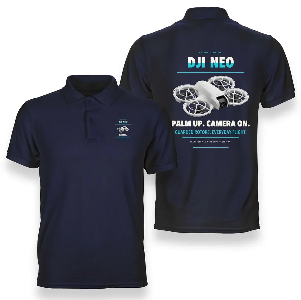 DJI Neo design on navy blue polo