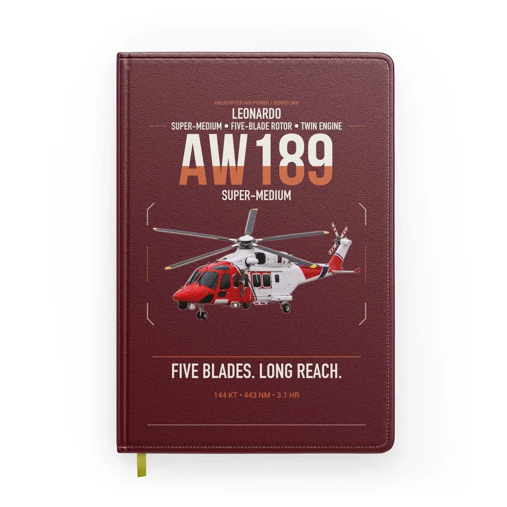 Leonardo AW189 design on dark red notebook