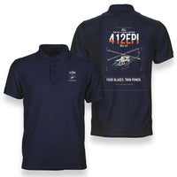 Thumbnail for Bell 412EPI design on navy blue double-side polo t-shirt, double-side print