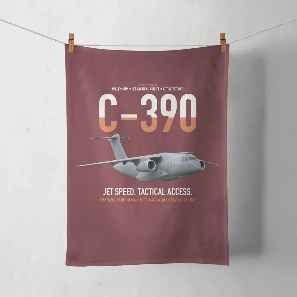C-390 Millennium design on dark red towel