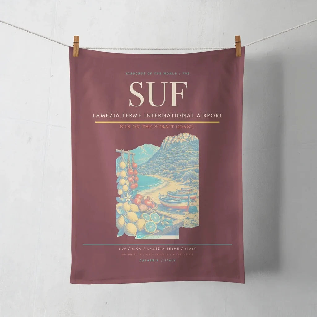 Lamezia Terme International Airport (SUF) design on dark red towel