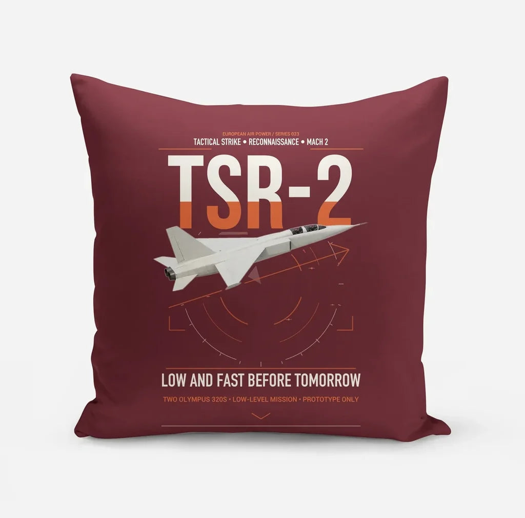 BAC TSR-2 design on dark red pillow