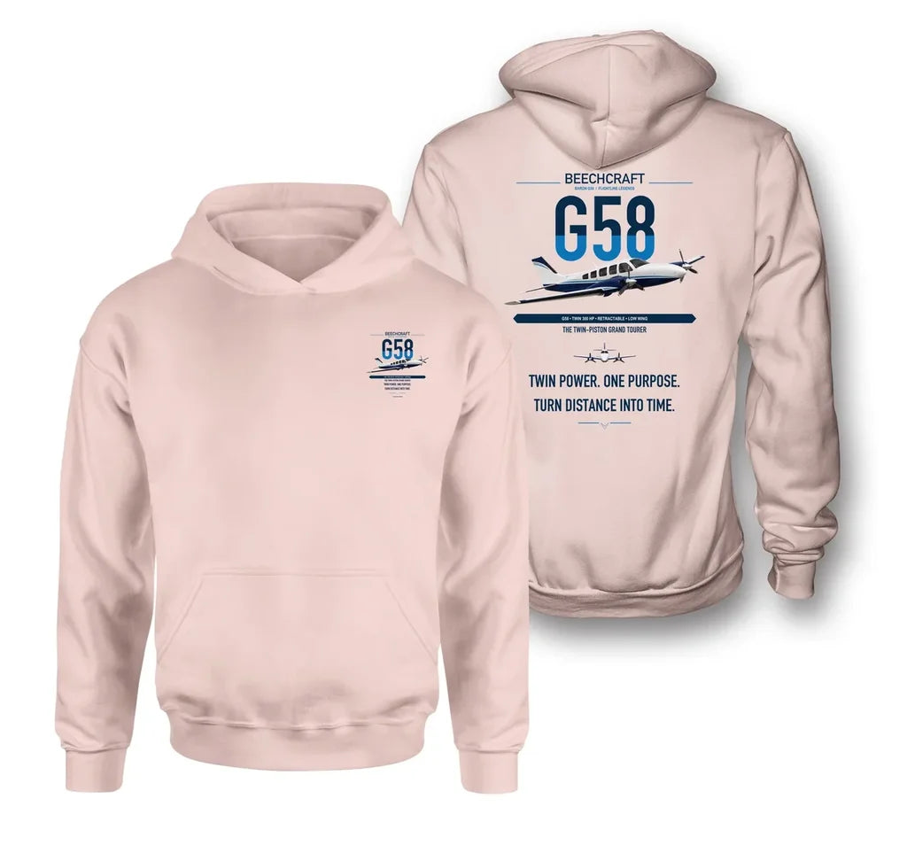 Beechcraft Baron G58 design on pink double-side hoodie, double-side print