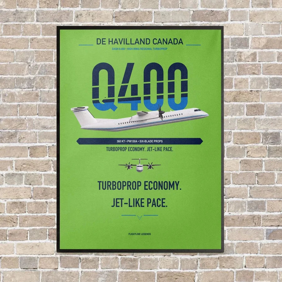 De Havilland Dash 8-400 vertical canvas print - framed - light green background