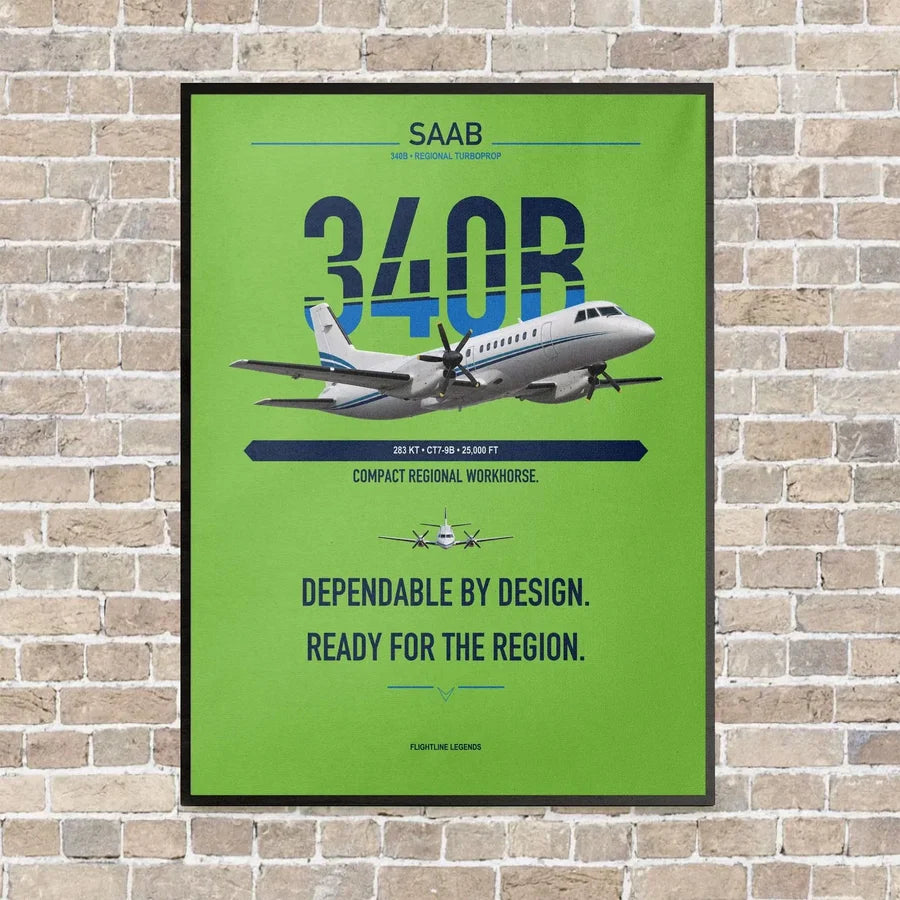 Saab 340B vertical canvas print - framed - light green background