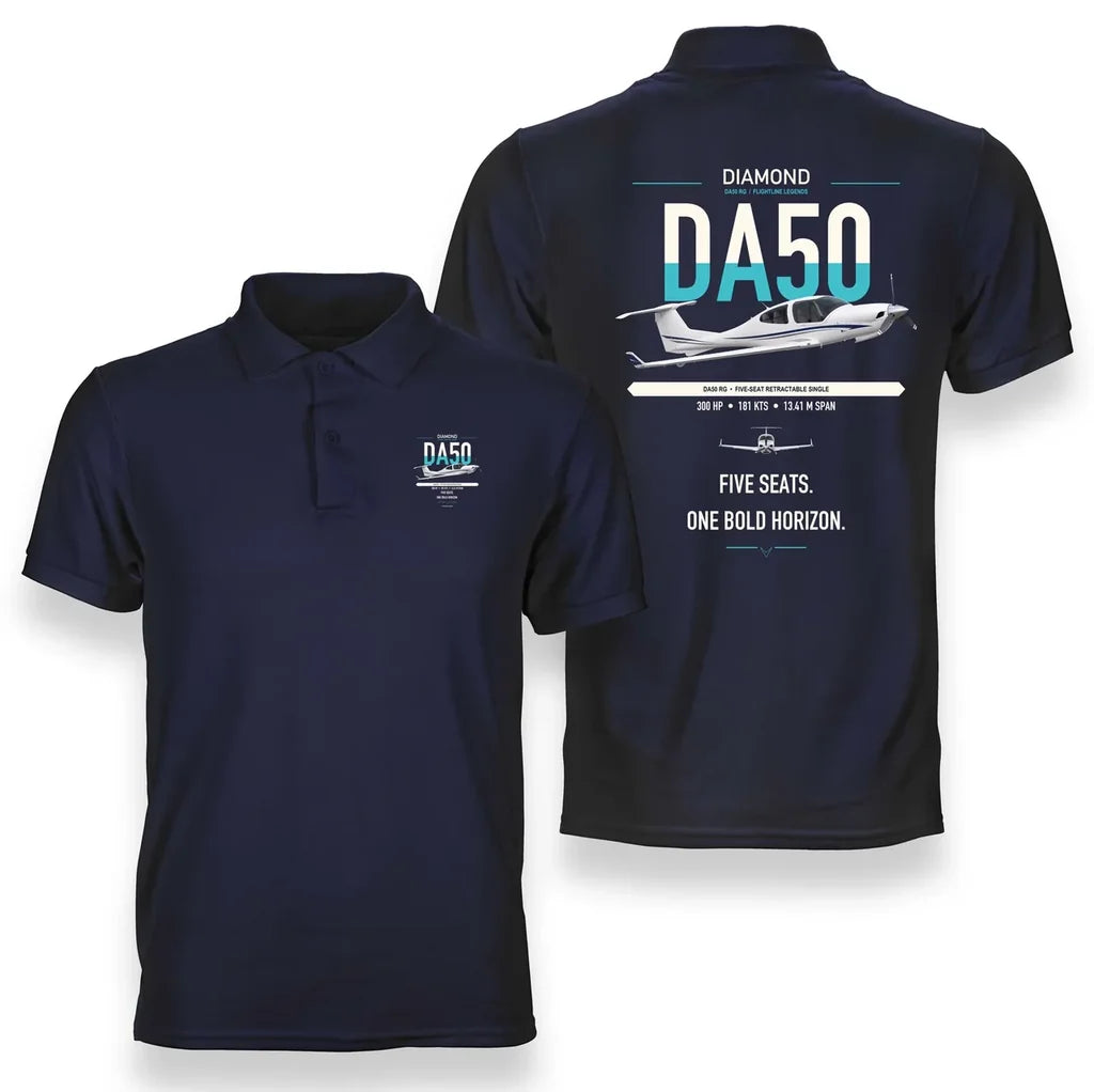 Diamond DA50 RG design on navy blue double-side polo t-shirt, double-side print