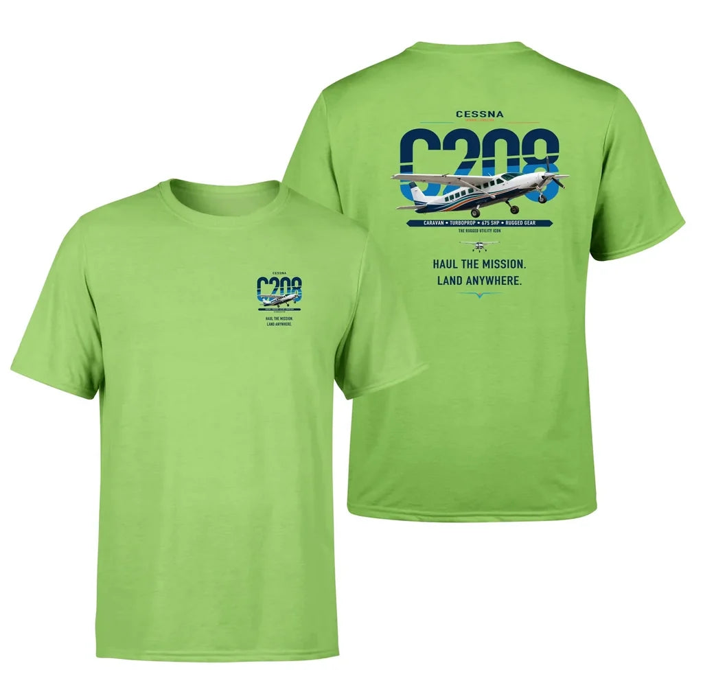 Cessna 208 Caravan design on light green t-shirt, double-side print
