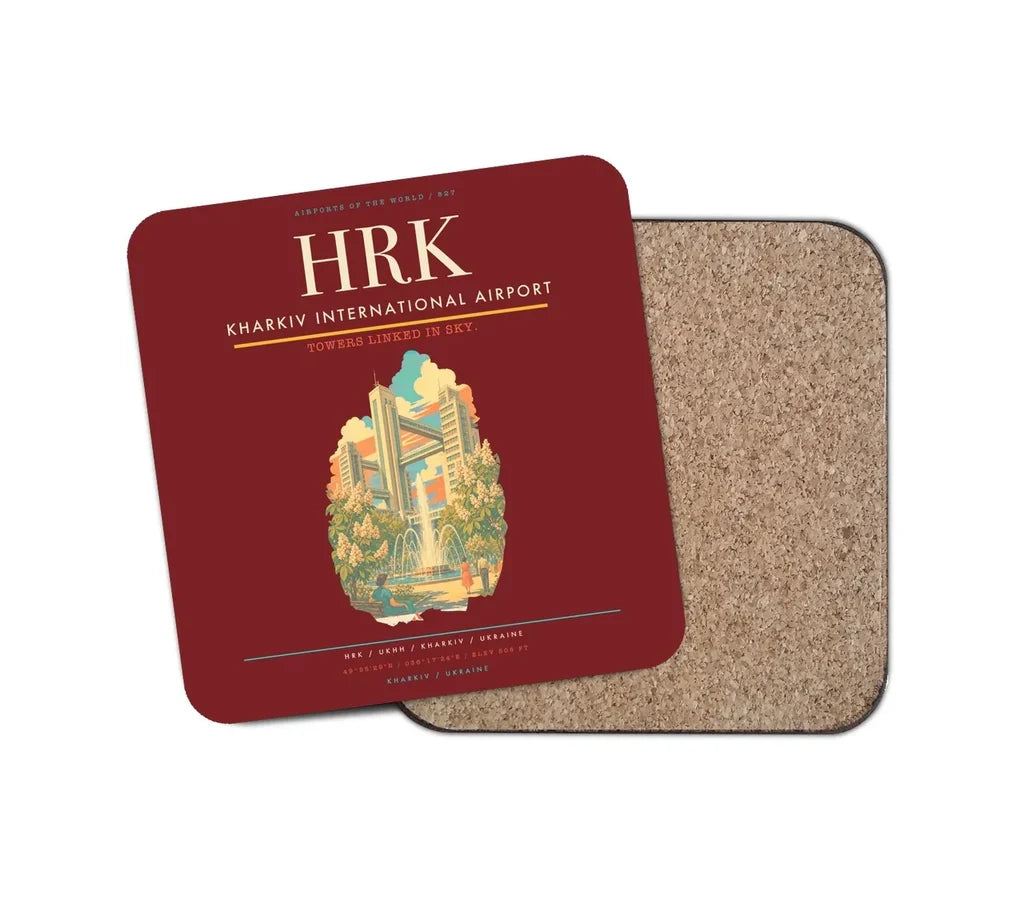 Kharkiv International Airport (HRK) design on dark red 1 piece coaster
