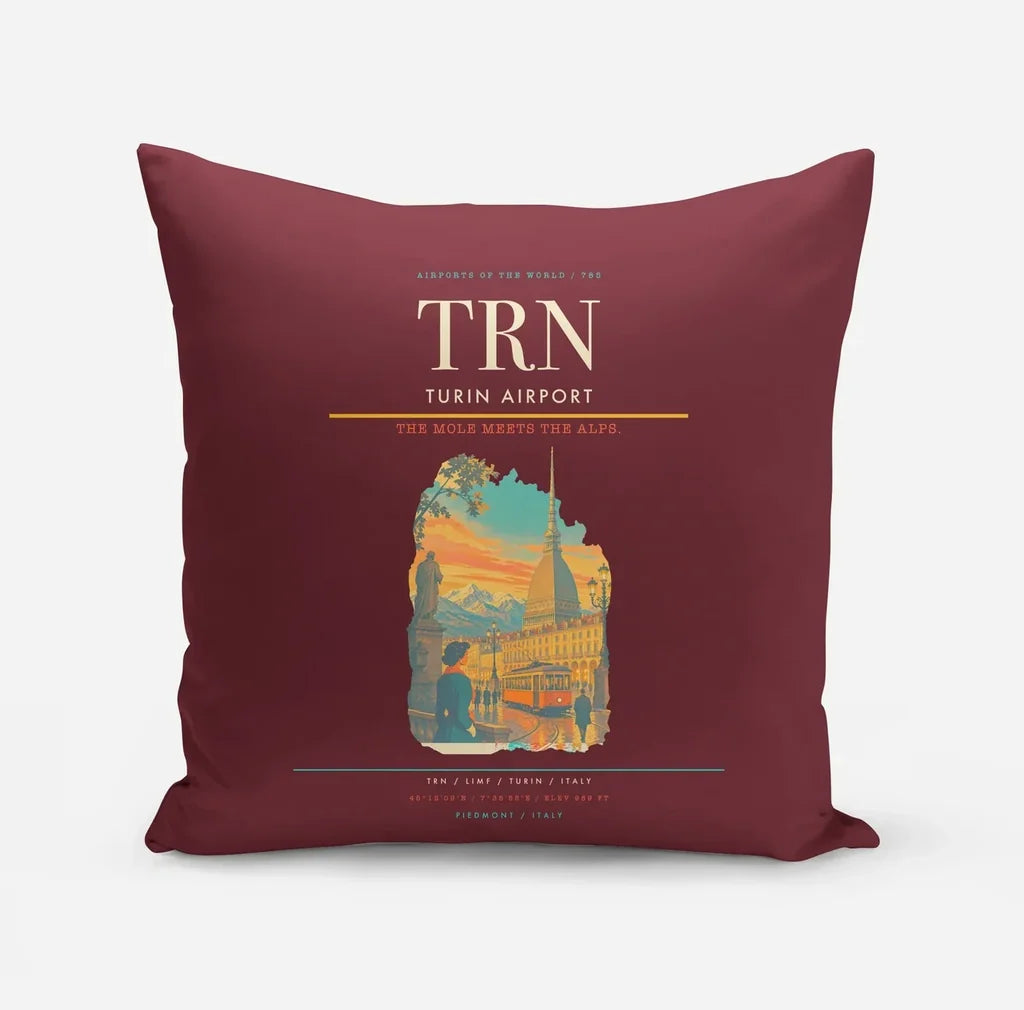 Turin Airport (TRN) design on dark red pillow