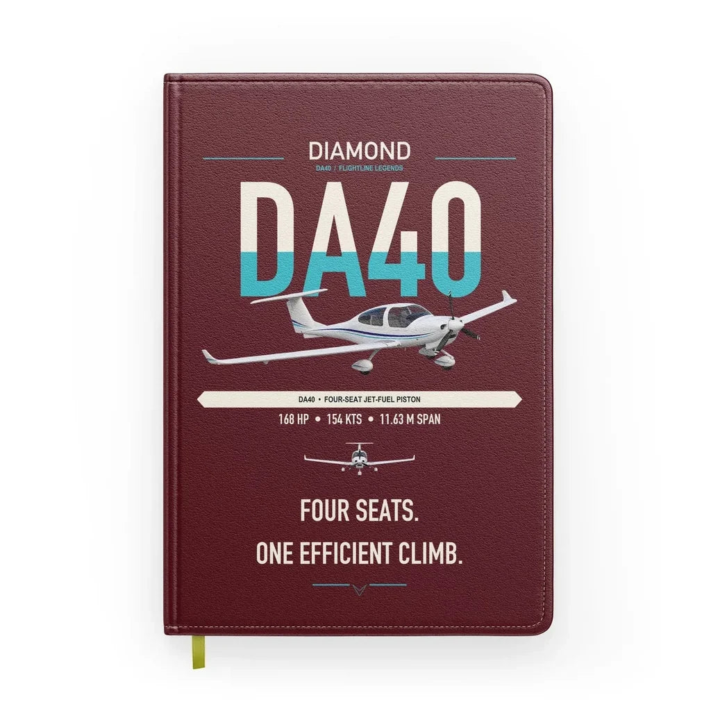 Diamond DA40 design on dark red notebook