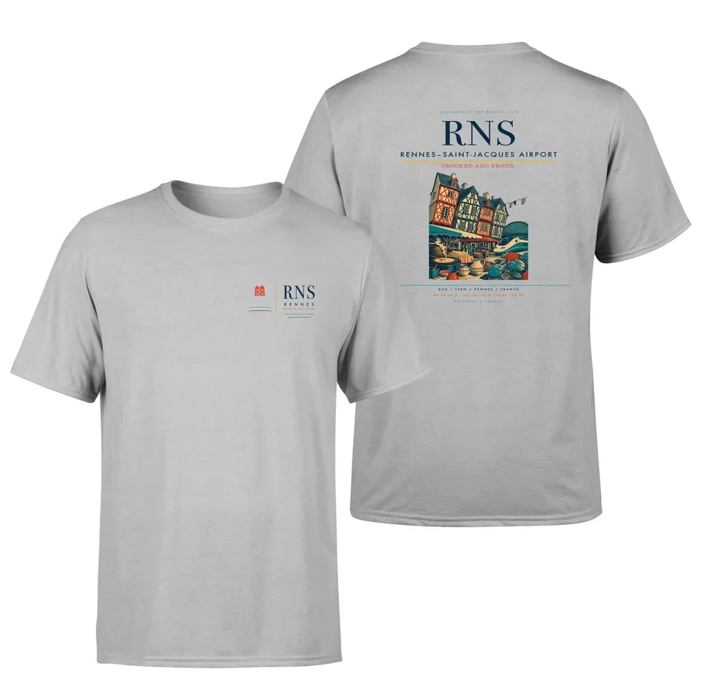 Rennes–Saint-Jacques Airport (RNS) design printed on light gray double-side t-shirt