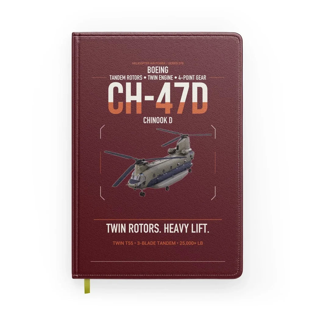 Boeing CH-47D design on dark red notebook