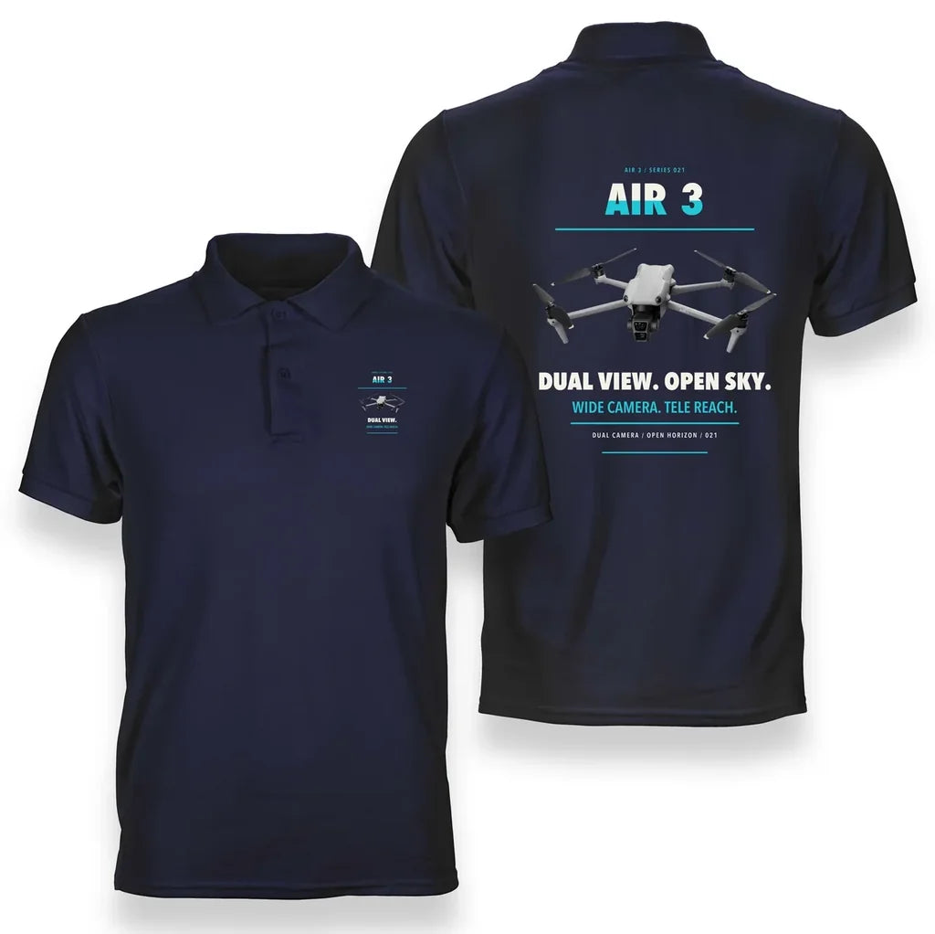 DJI Air 3 design on navy blue polo