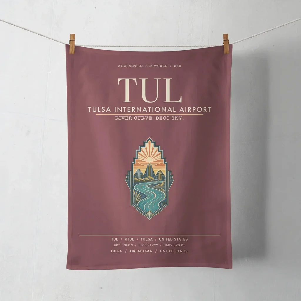 Tulsa International Airport (TUL) design on dark red towel