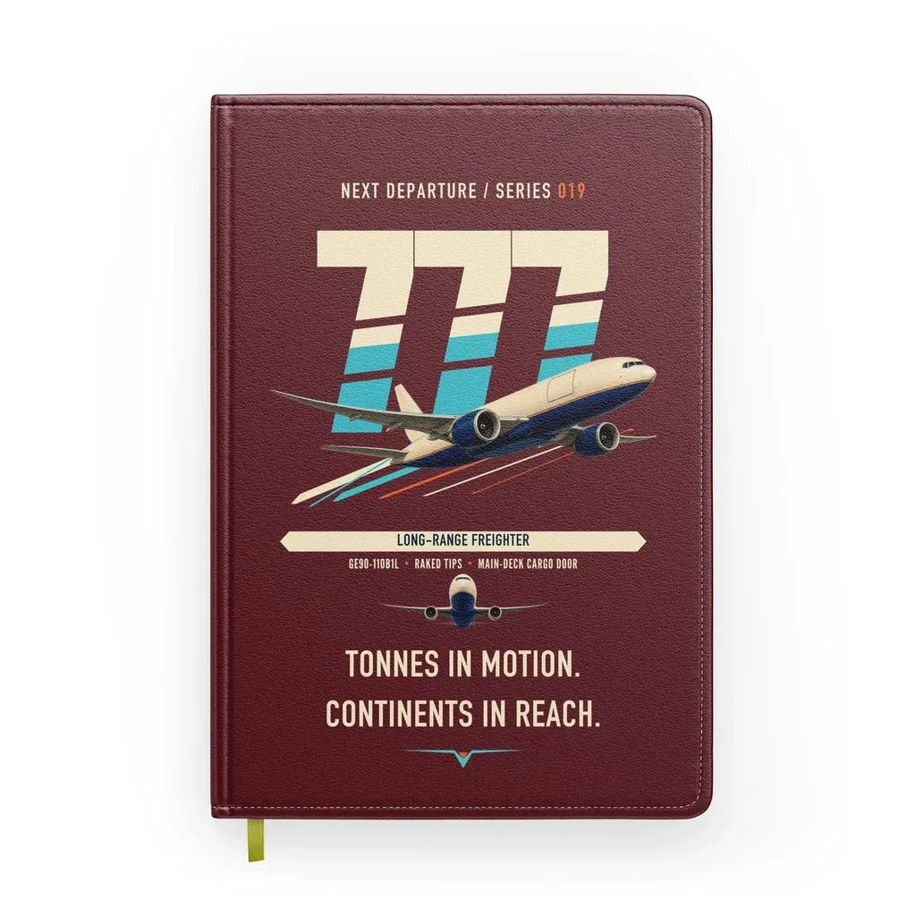 Boeing 777F design on dark red notebook
