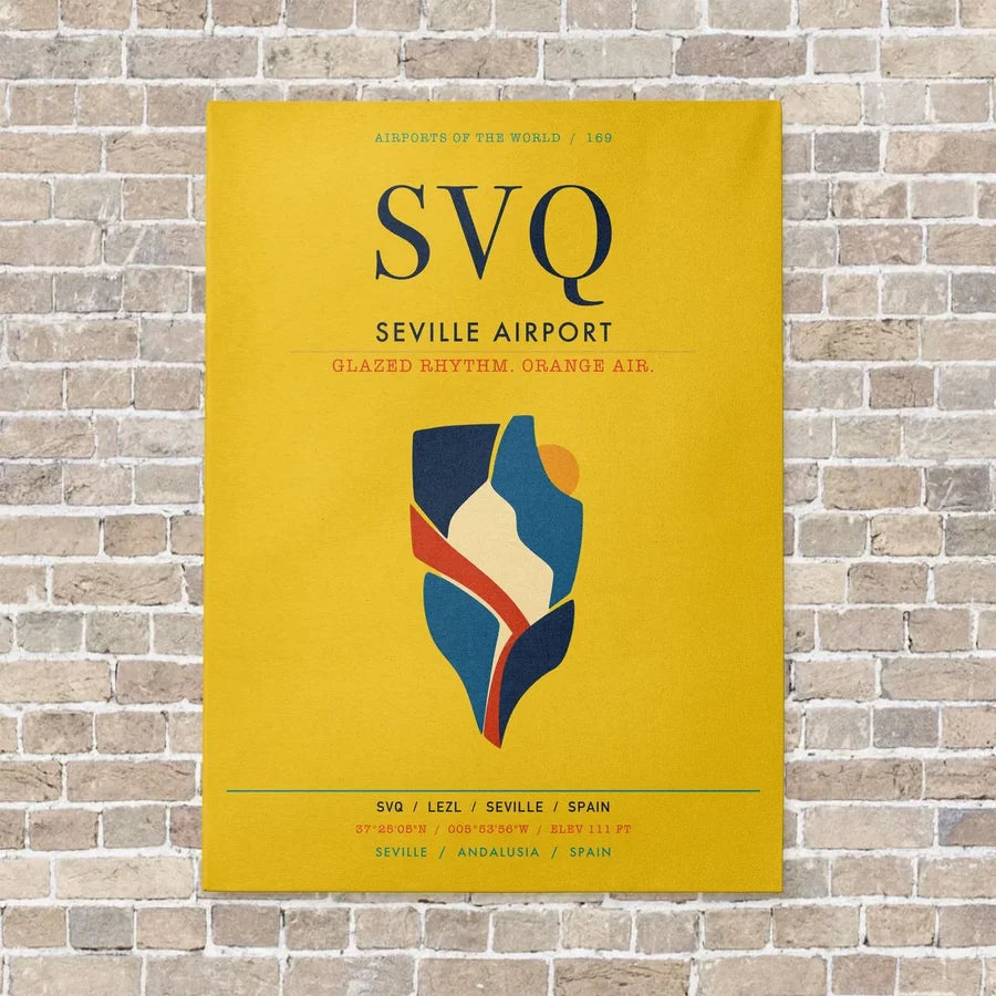 Seville Airport SVQ vertical canvas print - no frame - yellow background