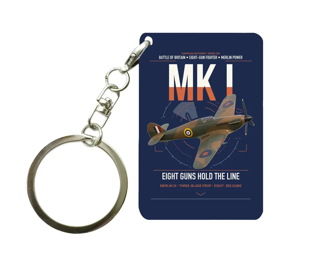 Hawker Hurricane Mk I design on navy blue designed key chain, double-side print