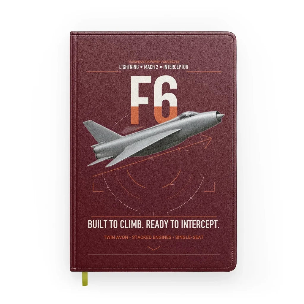 English Electric Lightning F6 design on dark red notebook