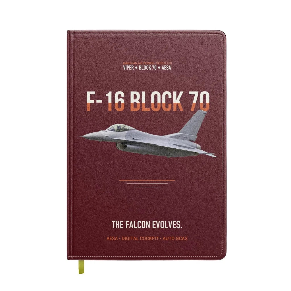 F-16 Block 70 The Falcon Evolves design on dark red notebook