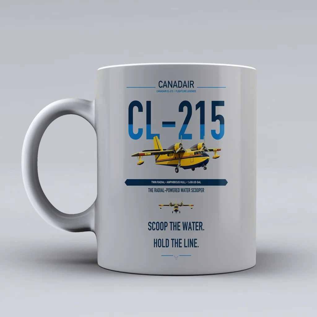 Canadair CL-215 design on light gray ceramic mug, double-side print