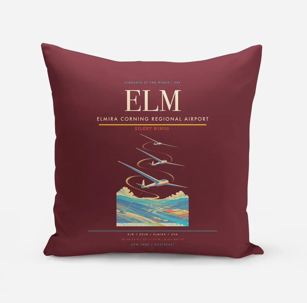 Elmira Corning Regional Airport (ELM) design on dark red pillow