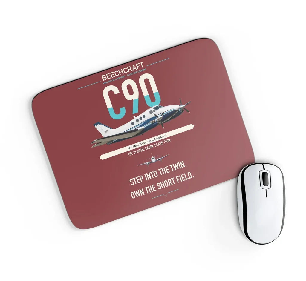 Beechcraft King Air C90 design on dark red rectangle mouse pad