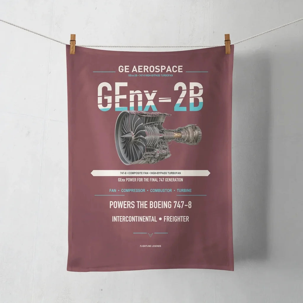 GEnx-2B design on dark red towel