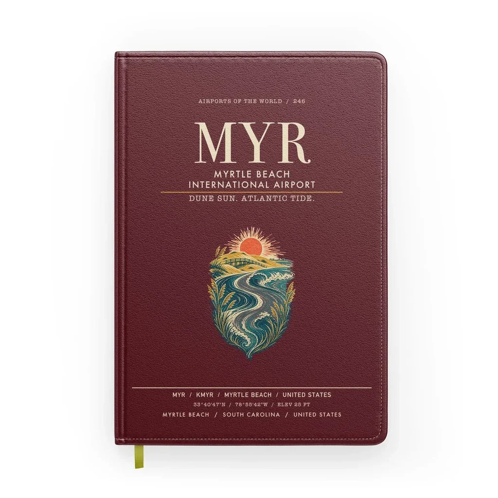 Myrtle Beach International Airport (MYR) design on dark red notebook