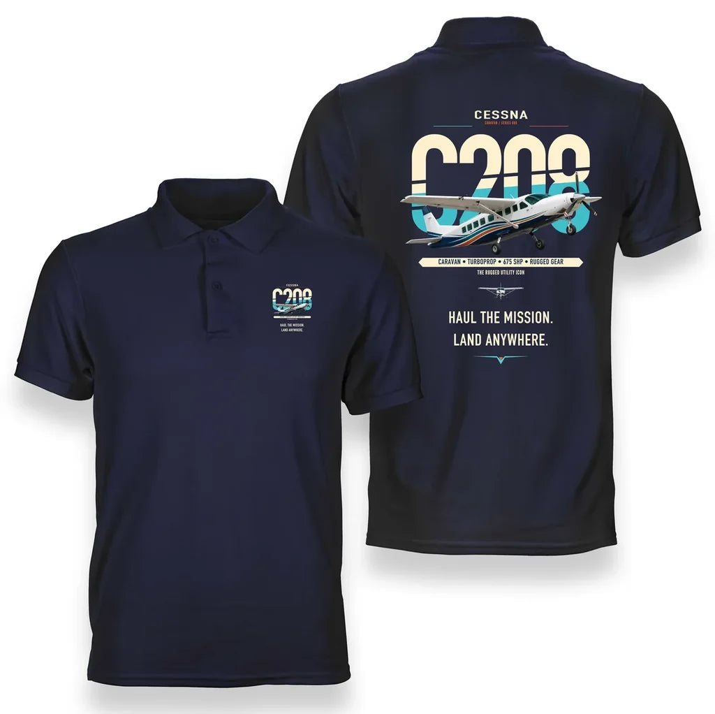 Cessna 208 Caravan design on navy blue double-side polo t-shirt, double-side print