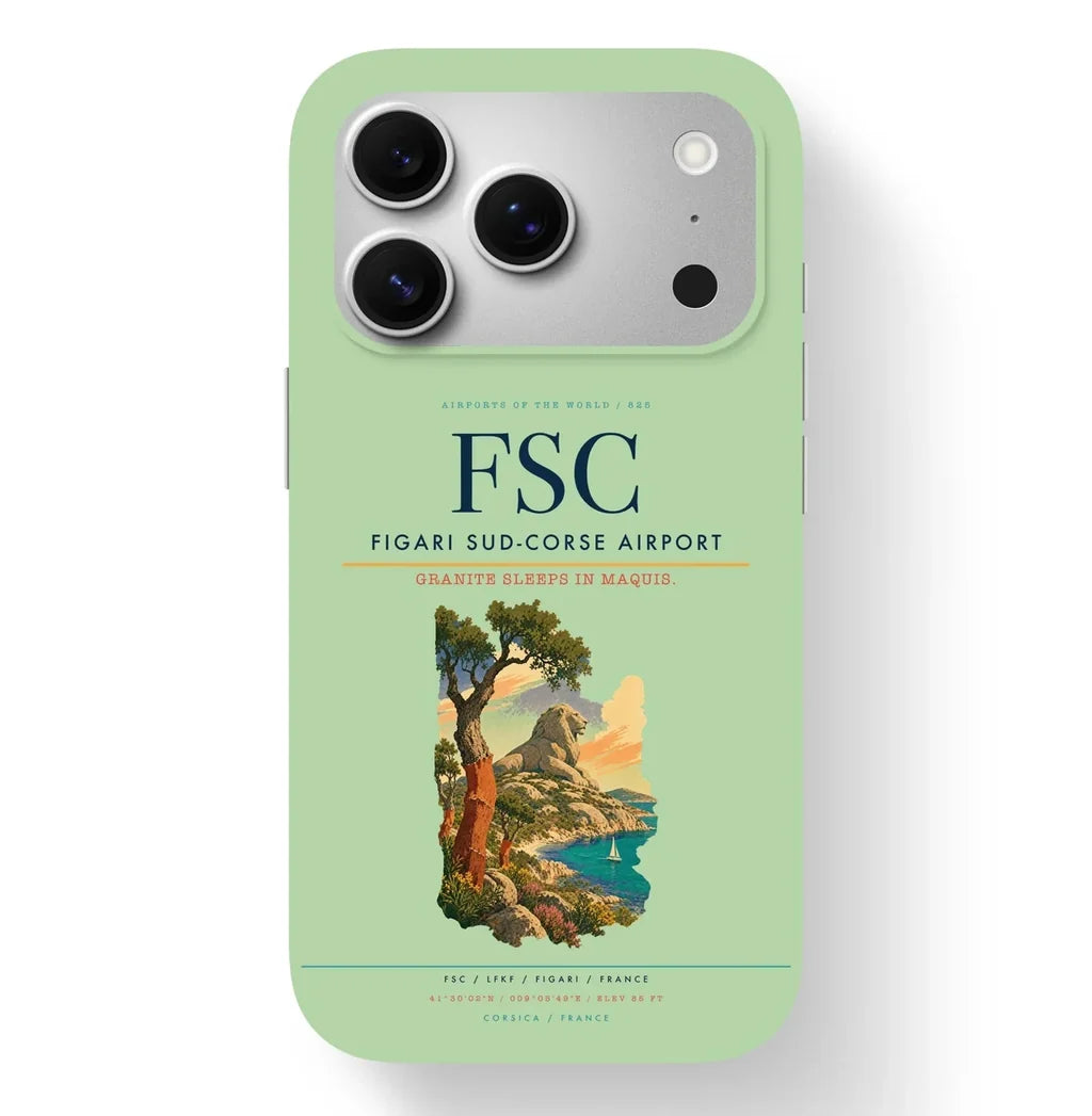Figari Airport (FSC) design on light green iPhone 17 Pro MagSafe case