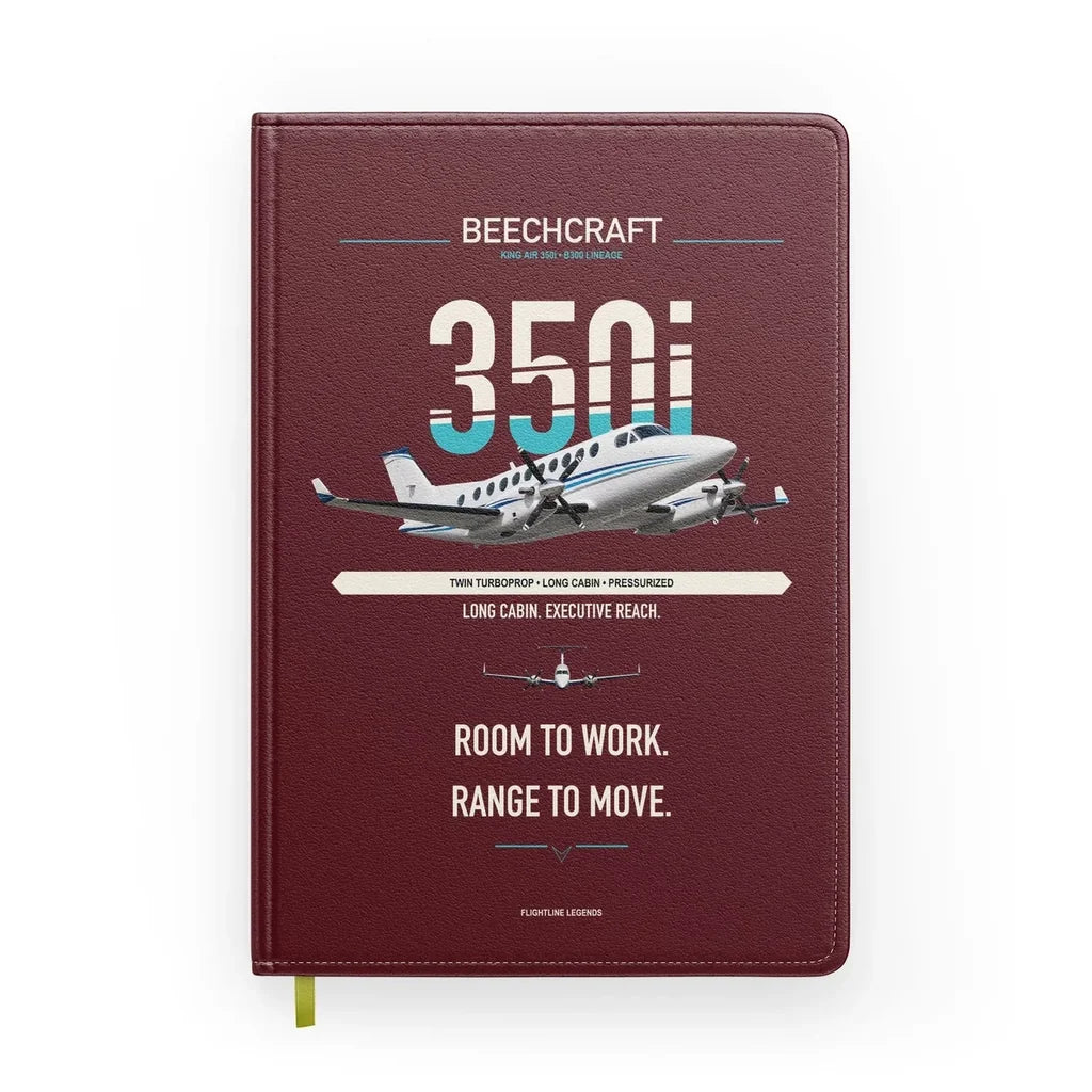 Beechcraft King Air 350i design on dark red notebook